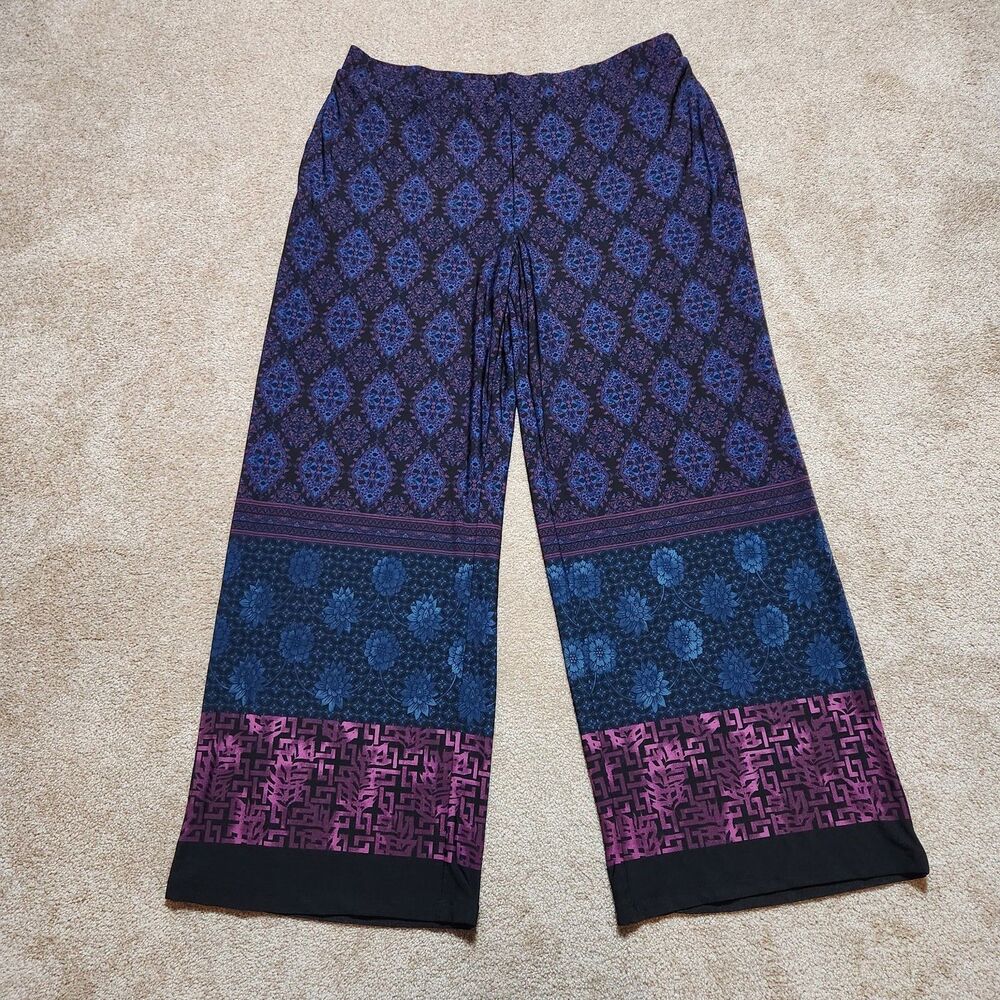 Susan Graver Wide Leg Pants Women LP Liquid Knit Damask Print High Rise